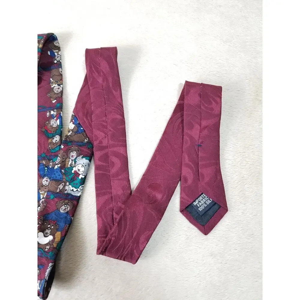 Ho Ho Ho Men Tie Christmas Teddy Bear Burgundy Silk Holidays Vintage Collectible
